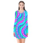 Swirls Pattern Design Bright Aqua Long Sleeve V-neck Flare Dress