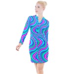 Swirls Pattern Design Bright Aqua Button Long Sleeve Dress