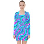 Swirls Pattern Design Bright Aqua V-neck Bodycon Long Sleeve Dress