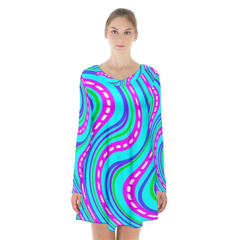 Swirls Pattern Design Bright Aqua Long Sleeve Velvet V