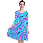 Swirls Pattern Design Bright Aqua Quarter Sleeve Waist Band Dress