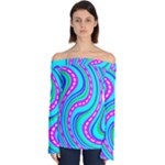 Swirls Pattern Design Bright Aqua Off Shoulder Long Sleeve Top