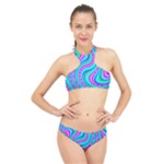 Swirls Pattern Design Bright Aqua High Neck Bikini Set