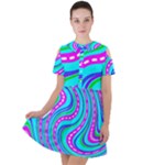 Swirls Pattern Design Bright Aqua Short Sleeve Shoulder Cut Out Dress 