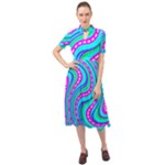 Swirls Pattern Design Bright Aqua Keyhole Neckline Chiffon Dress