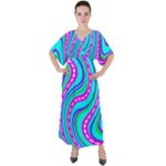Swirls Pattern Design Bright Aqua V-Neck Boho Style Maxi Dress
