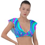 Swirls Pattern Design Bright Aqua Plunge Frill Sleeve Bikini Top