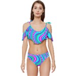 Swirls Pattern Design Bright Aqua Ruffle Edge Tie Up Bikini Set	
