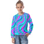 Swirls Pattern Design Bright Aqua Kids  Long Sleeve T-Shirt with Frill 
