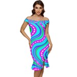 Swirls Pattern Design Bright Aqua Off Shoulder Ruffle Split Hem Bodycon Dress