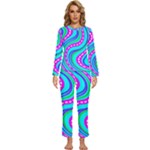 Swirls Pattern Design Bright Aqua Womens  Long Sleeve Lightweight Pajamas Set
