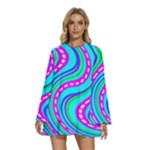 Swirls Pattern Design Bright Aqua Round Neck Long Sleeve Bohemian Style Chiffon Mini Dress