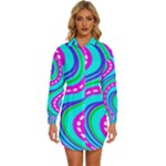 Swirls Pattern Design Bright Aqua Womens Long Sleeve Shirt Dress