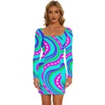 Swirls Pattern Design Bright Aqua Long Sleeve Square Neck Bodycon Velvet Dress