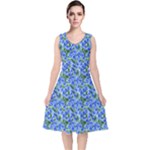 Blue Roses Garden V-Neck Midi Sleeveless Dress 