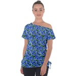 Blue Roses Garden Off Shoulder Tie-Up T-Shirt