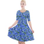 Blue Roses Garden Quarter Sleeve A-Line Dress With Pockets
