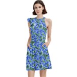 Blue Roses Garden Cocktail Party Halter Sleeveless Dress With Pockets