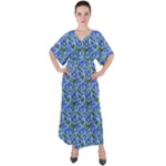 Blue Roses Garden V-Neck Boho Style Maxi Dress