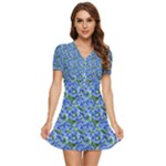 Blue Roses Garden V-Neck High Waist Chiffon Mini Dress