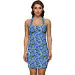 Blue Roses Garden Sleeveless Wide Square Neckline Ruched Bodycon Dress