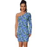 Blue Roses Garden Long Sleeve One Shoulder Mini Dress