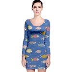 Sea Fish Blue Submarine Animals Patteen Long Sleeve Velvet Bodycon Dress