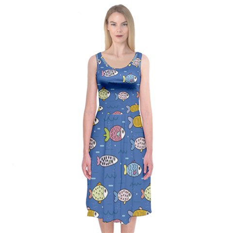 Sea Fish Blue Submarine Animals Patteen Midi Sleeveless Dress from ArtsNow.com