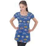 Sea Fish Blue Submarine Animals Patteen Puff Sleeve Tunic Top