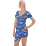 Sea Fish Blue Submarine Animals Patteen Short Sleeve Asymmetric Mini Dress