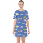 Sea Fish Blue Submarine Animals Patteen Sixties Short Sleeve Mini Dress