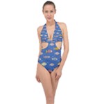 Sea Fish Blue Submarine Animals Patteen Halter Front Plunge Swimsuit