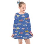 Sea Fish Blue Submarine Animals Patteen Kids  Long Sleeve Dress