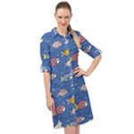 Sea Fish Blue Submarine Animals Patteen Long Sleeve Mini Shirt Dress