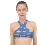 Sea Fish Blue Submarine Animals Patteen High Neck Bikini Top