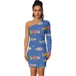 Sea Fish Blue Submarine Animals Patteen Long Sleeve One Shoulder Mini Dress