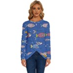 Sea Fish Blue Submarine Animals Patteen Long Sleeve Crew Neck Pullover Top