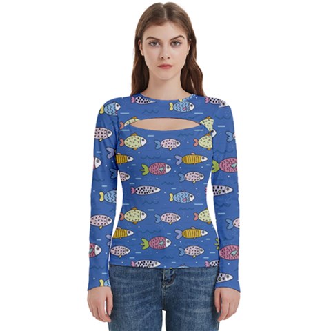 Sea Fish Blue Submarine Animals Patteen Women s Cut Out Long Sleeve T