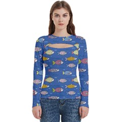 Sea Fish Blue Submarine Animals Patteen Women s Cut Out Long Sleeve T