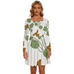 Nasturtium Flowers Plant Leaves Long Sleeve Wide Neck Velvet Dress