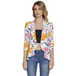 Pattern Background Vintage Floral Women s 3/4 Sleeve Ruffle Edge Open Front Jacket