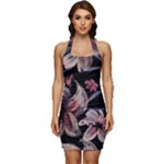 Flowers Floral Pattern Design Sleeveless Wide Square Neckline Ruched Bodycon Dress