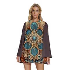 Round Neck Long Sleeve Bohemian Style Chiffon Mini Dress 