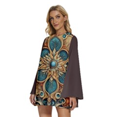 Round Neck Long Sleeve Bohemian Style Chiffon Mini Dress 