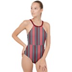 Dunkelrot4 Rosa Grau Streifen Dunkelrot3 High Neck One Piece Swimsuit