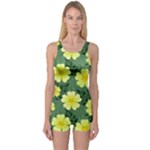 Bloom Flowering Yellow Blade Green One Piece Boyleg Swimsuit