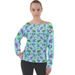 Sea Ocean Sealife Turtle Jellyfish Off Shoulder Long Sleeve Velour Top