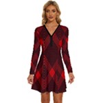 pattern red black, Long Sleeve Deep V Mini Dress 