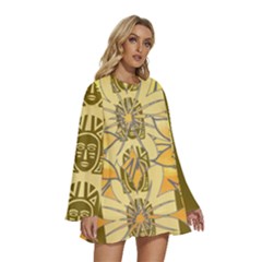 Round Neck Long Sleeve Bohemian Style Chiffon Mini Dress 