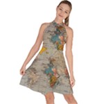 Vintage World Map Sleeveless Halter Neck A-Line Dress